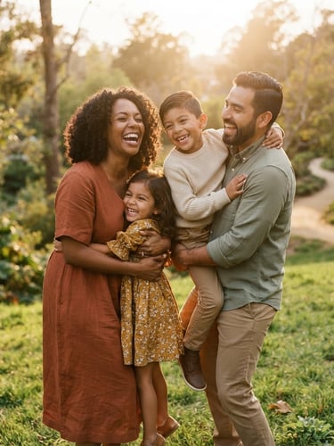 Una familia diversa (padres e hijos) riendo juntos al aire libre en un parque, con luz cálida de atardecer, enfoque suave, tonos tierra orgánicos, estilo editorial.
