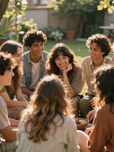 Un grupo diverso de amigos riendo y conversando en un jardín soleado, mostrando conexión y comunidad, luz natural suave, fotografía editorial.