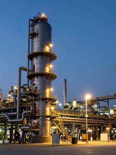 Wide environmental shot of a secure industrial manufacturing plant at dusk, sharp focus, high-contrast cool daylight with warm amber security lights.