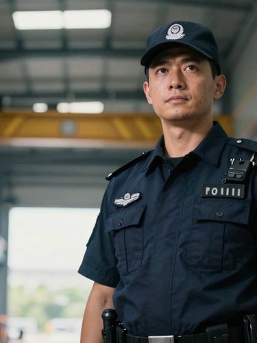 A sharp, low-angle portrait of an alert security officer in a dark blue uniform standing in a modern industrial warehouse corridor, cool daylight, 50mm lens
