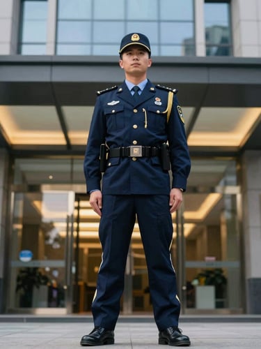 Low-angle heroic shot of a disciplined uniformed security guard standing alert in front of a modern corporate entrance, sharp daylight, deep blue uniform, gold badge in focus, 50mm lens