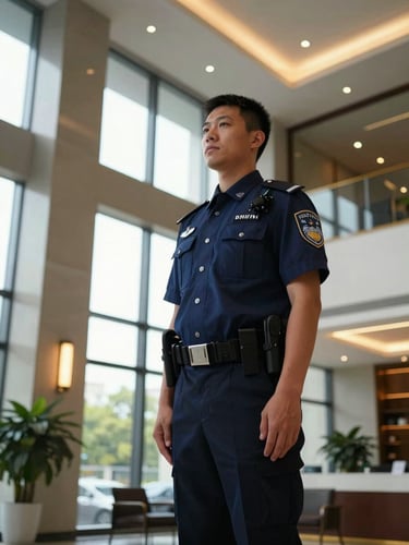 A professional uniformed security officer standing at attention in a modern corporate lobby, sharp focus, dramatic low-angle, cool daylight with warm amber accents.