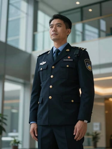 A sharp corporate security officer in a dark navy uniform standing alert in a modern glass lobby, cool daylight with warm amber accents, low-angle heroic framing, 50mm lens.