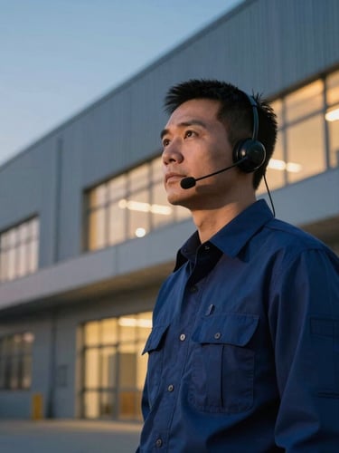 A focused security supervisor with a communication earpiece looking out over a secure warehouse facility at dusk, sharp focus, amber ambient lighting, professional corporate photography.
