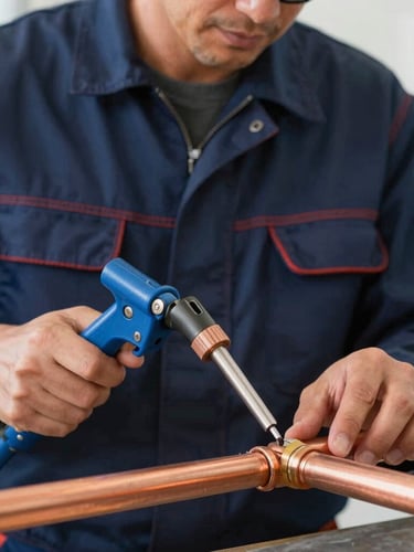 Close-up of a professional plumber in a clean navy uniform soldering copper pipes with a torch, bright natural work light, sharp focus, 35mm lens