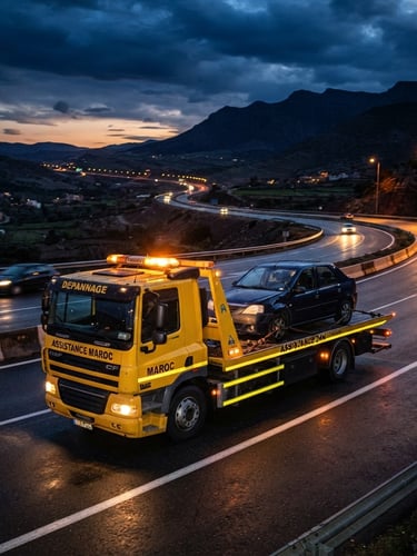 Wide environmental shot of a professional yellow tow truck on a Moroccan highway during dusk, high-contrast night-time highway lighting, vivid yellow safety accents, sharp realistic details.