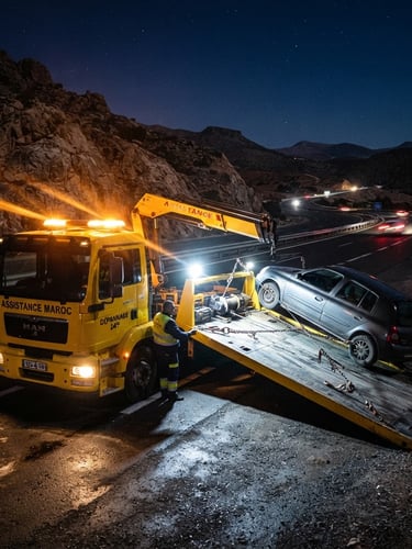Wide environmental shot of a professional yellow tow truck on a Moroccan highway at night, bright flashing safety lights, high-contrast dramatic lighting, secure winch mechanism visible, realistic details, ultra-reliable feel.