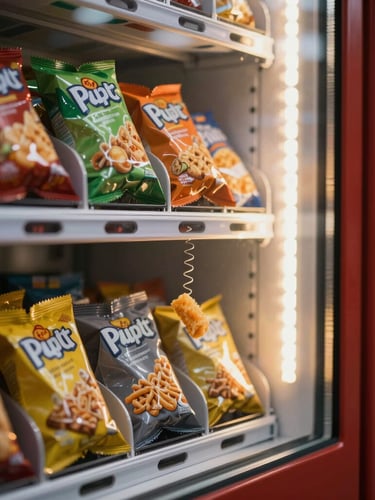 Macro side-view shot of a modern vending machine coil dropping a premium snack smoothly, crisp focus, vibrant packaging, subtle amber LED side lighting.
