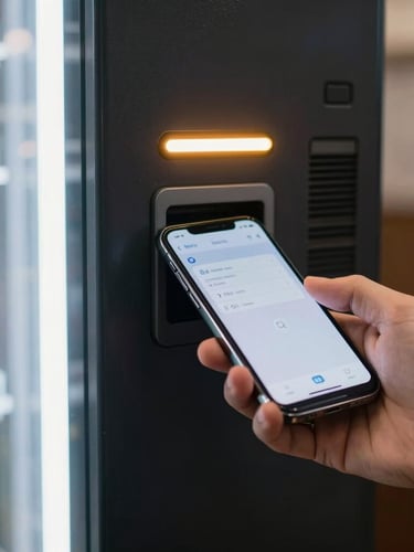 Tight macro shot of a sleek, dark vending machine interface glowing with a subtle amber LED, a clean smartphone screen tapping the contactless reader, modern and high-tech.