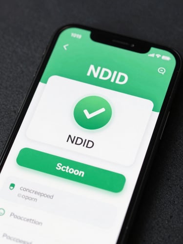 Close-up high-fidelity UI mockup of a mobile screen showing a successful NDID verification badge, crisp green checkmark, and encrypted token data fields, cool studio lighting, dark background.