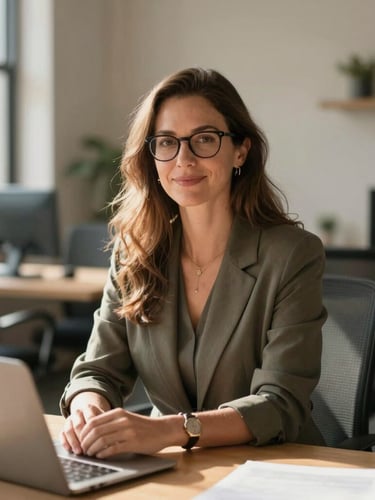 A professional environmental portrait of a life coach in a modern, sunlit workspace with warm shadows, shallow depth of field, 35mm