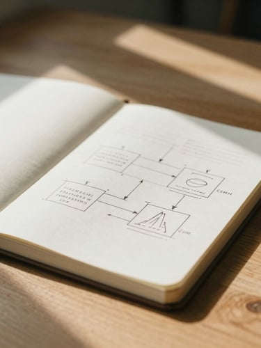 A close-up of a structured diagram hand-drawn in a minimalist notebook, sitting on a clean oak desk under soft natural window light, architectural shadows, shallow depth of field, 35mm