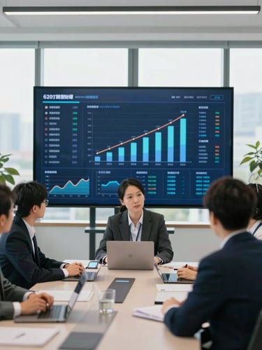 A professional meeting in a modern office, showing a digital dashboard with growth metrics in the background, bright natural daylight, crisp focus, professional editorial style.