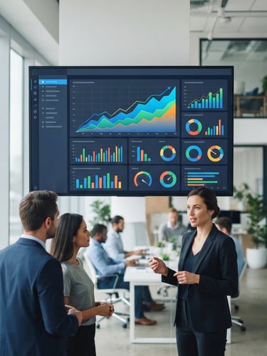 Modern business dashboard showing growth metrics, professional office setting, bright natural daylight, crisp focus
