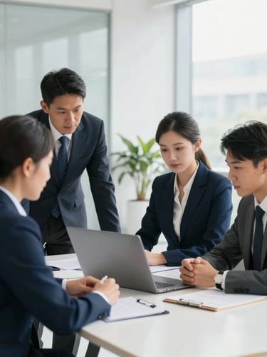 Professional business meeting, diverse team collaborating around a laptop, bright natural daylight, modern corporate photography