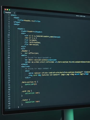 Macro shot of clean code editor displaying HTML and CSS on a high-end monitor, cool studio lighting with subtle neon green backlighting, sharp focus, 35mm