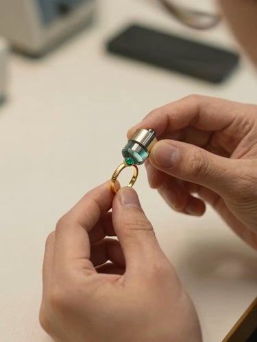 Warm editorial photography of a professional gold purity test, hands holding a jeweler's loupe over a classic gold ring, soft indoor office lighting, rich gold and emerald tones, shallow depth of field, 35mm