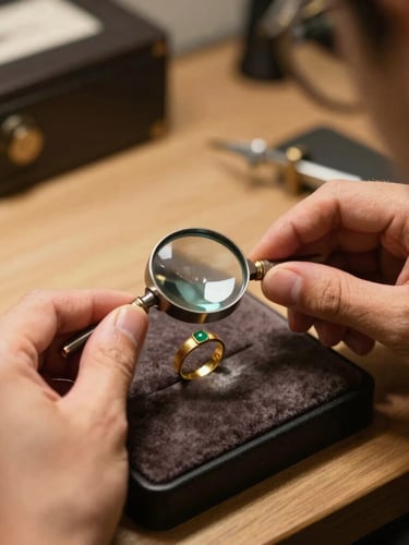 Close-up of hands holding a jeweler's loupe over a gold ring on a velvet tray, professional indoor office setting, warm soft lighting, 35mm