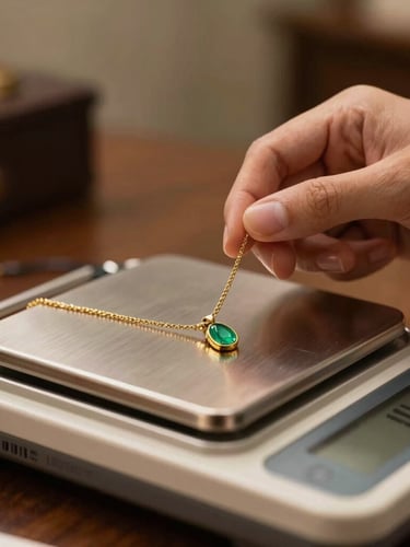 Macro close-up of a gold 18k necklace being carefully placed on a high-precision digital scale in a secure, elegant office environment, warm editorial lighting, rich gold tones.