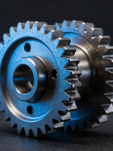 Macro shot of precision-milled steel mechanical gears with cool blue rim lighting, dark background