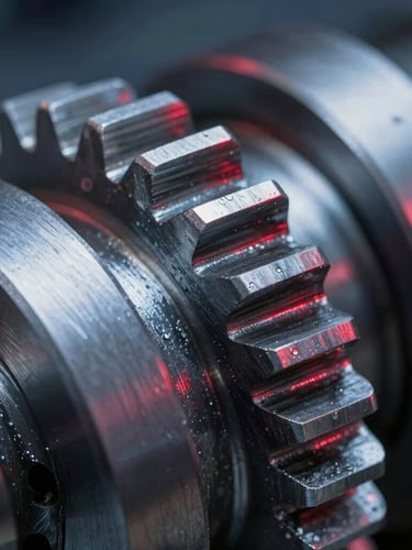 Extreme macro close-up of precision-milled steel mechanical gear teeth, dramatic red rim lighting, cool blue ambient shadows.