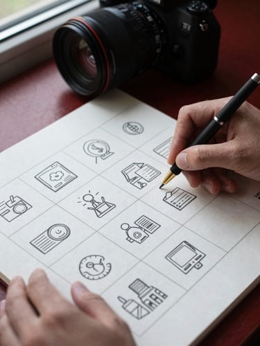 Hands of a digital marketer sketching a social media content grid on parchment paper next to a camera lens, soft natural lighting, matte texture, 35mm