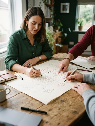 Collaborative strategy session at a wooden table, hands sketching social media grids, soft natural window light, deep forest green and crimson tones, matte texture, 35mm photography