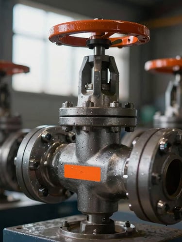 Macro shot of a heavy-duty steel ammonia valve manifold, safety orange markings, high-contrast industrial lighting, sharp metal textures, shallow depth of field, 50mm lens