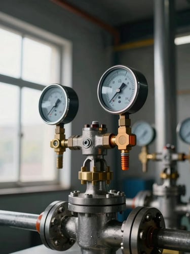 Macro shot of heavy-duty industrial control valves and pressure gauges in a clean modern mechanical room, steel and brass textures, dramatic natural window lighting, cool industrial tones