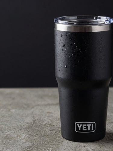 Close-up overhead studio shot of a matte black Yeti Rambler tumbler on a raw concrete surface, condensation visible on the exterior wall, even cold studio lighting, no warmth, the vessel filling most of the right frame with dark negative space to the left
