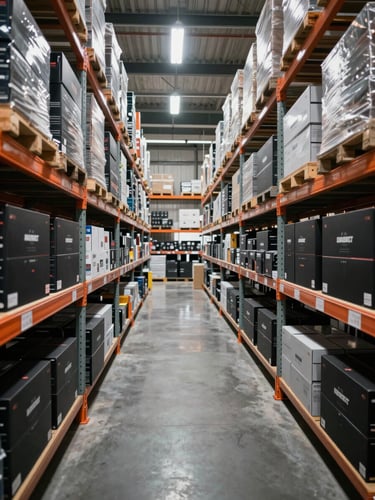 Wide environmental shot inside a corporate warehouse, rows of branded gear boxes on metal shelving under cold overhead industrial lighting, black and silver product packaging dominant, no people visible, deep perspective lines