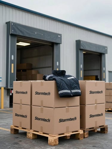Wide shot of a corporate warehouse loading dock under flat overcast daylight, branded cardboard cartons stacked on pallets in the foreground, a single Stormtech-branded jacket visible folded on top of one open box, cold industrial light, no people