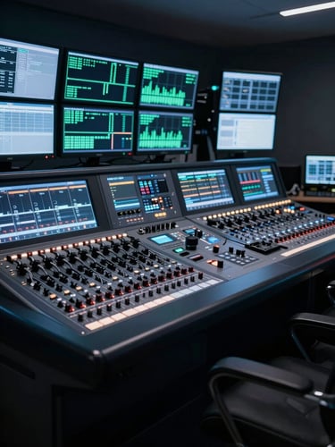 Wide shot of a professional broadcast control room, mixing console illuminated by monitor glow and rack-mounted signal processors, deep blue-black ambient light, no people visible, cables routed with precision, latency readouts visible on screens in background