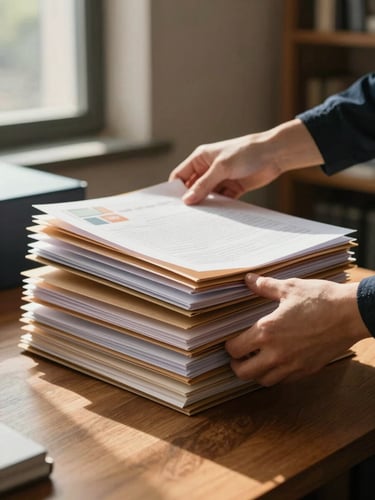 Close-up of a woman's hands sorting through administrative folders on a wooden desk, natural afternoon light from a side window, stone wall visible in the soft background, warm and focused atmosphere