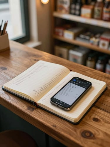 Close-up overhead of two small notebooks open side by side on a wooden counter, each with handwritten daily totals, a phone screen showing a split-view app between them, overcast window light from the left, warm tungsten glow from above, Cuban shop shelving visible out of focus in the background