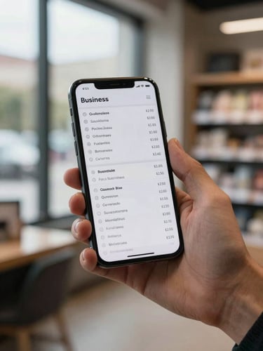 Hands holding an Android phone showing a list of two business names with separate totals on screen, natural overcast daylight from a nearby window, blurred shop shelves in the background, close-up framing of the phone mid-task