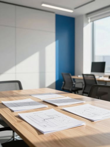 A sunlit modern office interior with clean architectural lines, natural daylight pouring over a collaborative wooden table with planning documents, sharp focus, 35mm