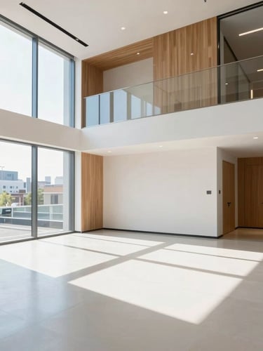 Wide-angle sunlit modern office interior with clean architectural lines, warm wood details, and large windows letting in natural daylight, 35mm