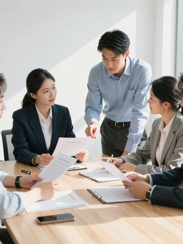 Sunlit meeting room with professional advisors discussing documents over a clean wooden table, natural high-key daylight, 35mm