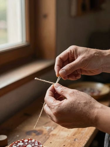 Close-up of artisanal hands tying a traditional terrine with kitchen twine, warm side window lighting, rustic wooden workshop background, 35mm photography