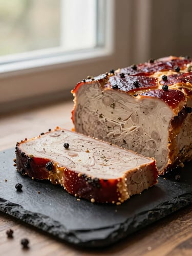 Close-up of a thick slice of rustic country pâté on a dark slate board, visible peppercorns and herbs, warm side window lighting, shallow depth of field, 35mm.