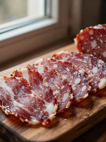 Close-up of thinly sliced dry-cured ham and premium saucisson arranged on a dark rustic wooden board, warm side window lighting, deep red tones, shallow depth of field, 35mm photography