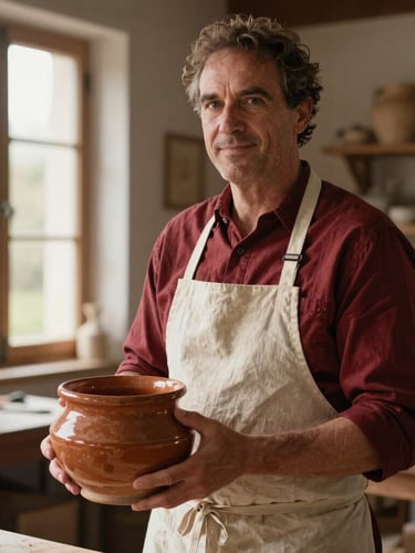 A portrait of a passionate French artisan charcutier in his workshop in Gien, wearing a linen apron, holding a rustic ceramic terrine, warm side lighting, shallow depth of field