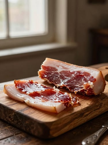 Artisanal dry cured ham, thinly sliced on a rustic wooden block, glistening fat, warm natural light, moody background, shallow depth of field, 35mm.