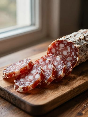 Warm editorial photography of sliced artisanal saucisson on a thick wooden board, dramatic side window light, rich deep red tones, shallow depth of field, 35mm
