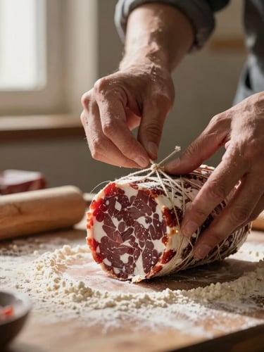 Hands of an artisan charcutier carefully tying a rustic terrine with kitchen twine, warm dramatic side light, flour and rustic kitchen details in the background, shallow depth of field