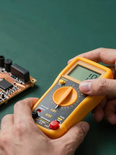 Close-up macro shot of hands using a professional yellow multimeter on a copper circuit board, dark green studio backdrop, sharp yellow accent lighting, 35mm lens.