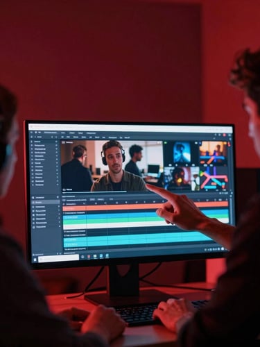 premium dark-mode editorial photography of a creative director and media buyer analyzing a high-fidelity video timeline on a glowing monitor, deep crimson ambient backlighting, shallow depth of field, 35mm