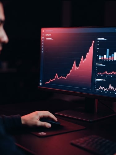 Premium dark-mode editorial photography of a real-time marketing dashboard with sharp upward trends, glowing crimson screen reflection, shallow depth of field, 35mm