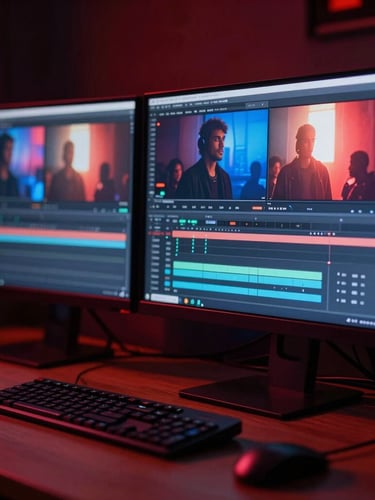 A creative director editing high-fidelity video on a dual-monitor setup in a moody ambient studio, glowing red and blue screen reflections, shallow depth of field, 35mm.